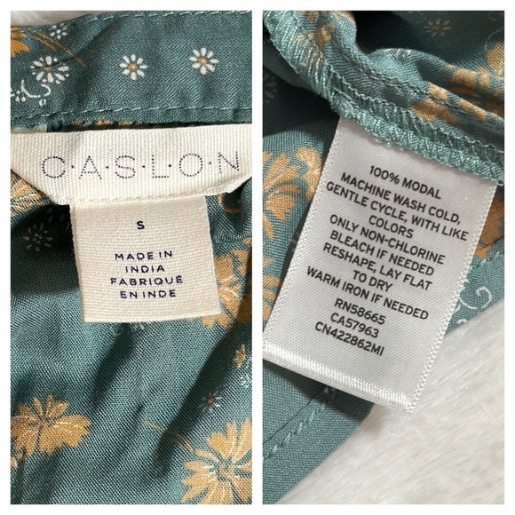Caslon Split Neck Top in Green Yellow Mia Floral size small 100% Modal - Picture 7 of 15